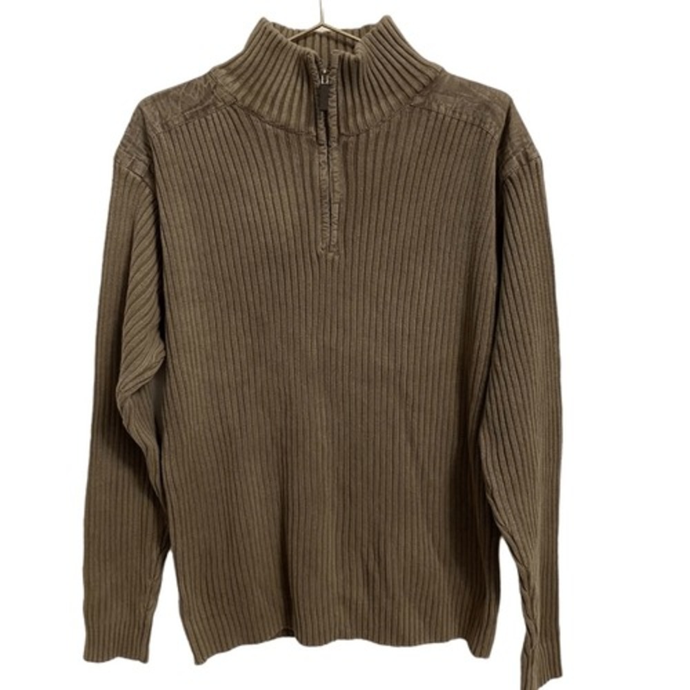 Oscar de la Renta Mens Brown Ribbed Cotton Quarter Zip Sweater Shoulder Patches